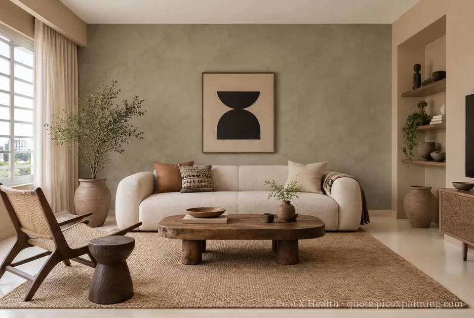Afro-Minimalism Rich / Statement living room — Gush Core/Care Coffee Beam (NE015B) walls with a Raffles Military Gray limewash feature wall and Afro-Minimalism furnishings