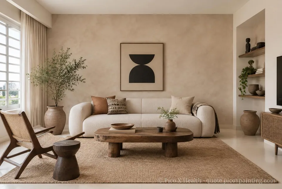 Afro-Minimalism Soft / Airy living room — Gush Core/Care Prana (NE024A) walls with a Raffles Cotton Candy limewash feature wall and Afro-Minimalism furnishings