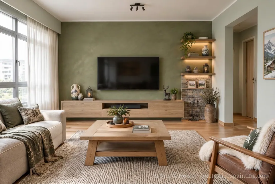 Alpine Chalet Rich / Statement living room — Gush Core/Care Malfoy (GR020B) walls with a Raffles Olive Overturn limewash feature wall and Alpine Chalet furnishings