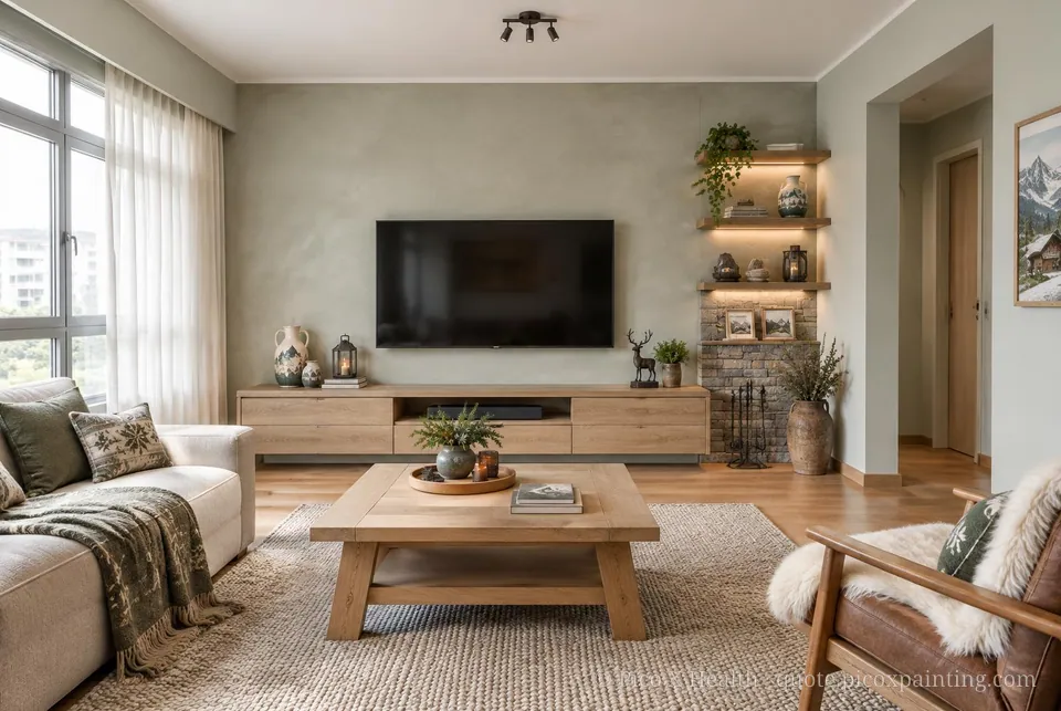 Alpine Chalet Soft / Airy living room — Gush Core/Care Aloe (GR008A) walls with a Raffles Silver Sage limewash feature wall and Alpine Chalet furnishings
