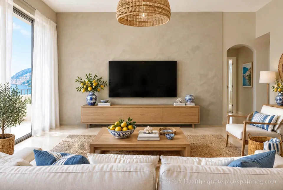 Amalfi Coast Rich / Statement living room — Gush Core/Care Sandy Mandy (NE005B) walls with a Raffles Mocha Silk limewash feature wall and Amalfi Coast furnishings