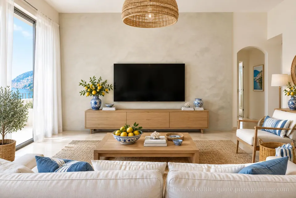 Amalfi Coast Soft / Airy living room — Gush Core/Care Pillowtalk (WH006A) walls with a Raffles Soft Linen limewash feature wall and Amalfi Coast furnishings