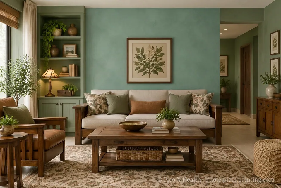 American Craftsman Rich / Statement living room — Gush Core/Care Malfoy (GR020B) walls with a Raffles Divine Fern limewash feature wall and American Craftsman furnishings
