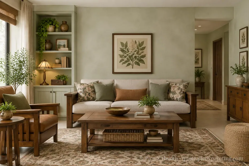 American Craftsman Soft / Airy living room — Gush Core/Care Foliage (GR009A) walls with a Raffles Silver Sage limewash feature wall and American Craftsman furnishings