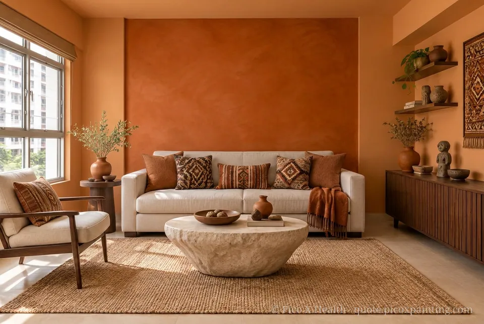 Andean Earth Rich / Statement living room — Gush Core/Care Daytona (OR003B) walls with a Raffles Burnt Amber limewash feature wall and Andean Earth furnishings