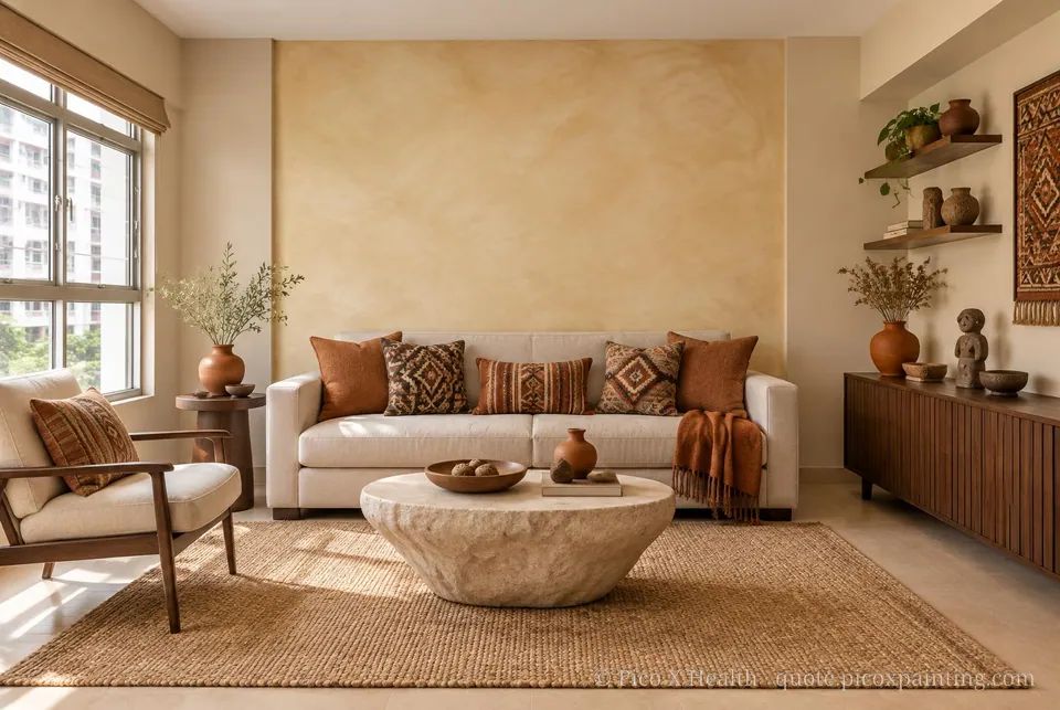 Andean Earth Soft / Airy living room — Gush Core/Care Retriever (NE014B) walls with a Raffles Sugar Terra limewash feature wall and Andean Earth furnishings