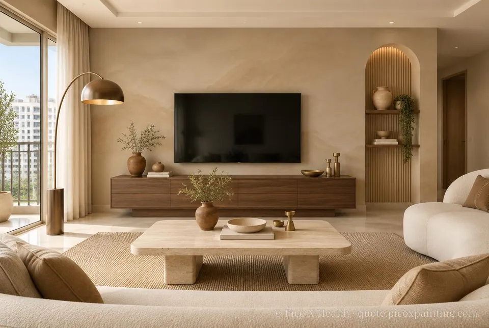 Arabian Desert Modern Rich / Statement living room — Gush Core/Care Coffee Beam (NE015B) walls with a Raffles Mocha Silk limewash feature wall and Arabian Desert Modern furnishings