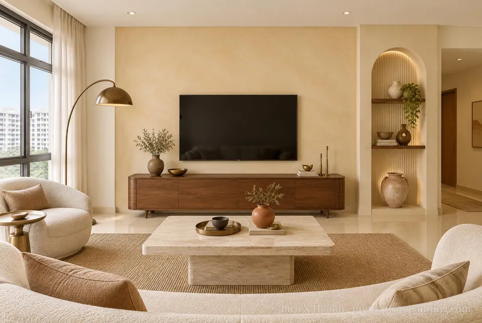 Arabian Desert Modern Soft / Airy living room — Gush Core/Care Deckchair (NE047A) walls with a Raffles Sugar Terra limewash feature wall and Arabian Desert Modern furnishings