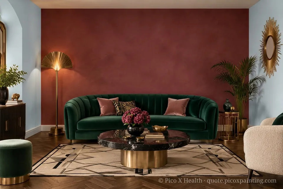Art Deco Rich / Statement living room — Gush Core/Care Mindful (BL000A) walls with a Raffles Burgundy Bazaar limewash feature wall and Art Deco furnishings