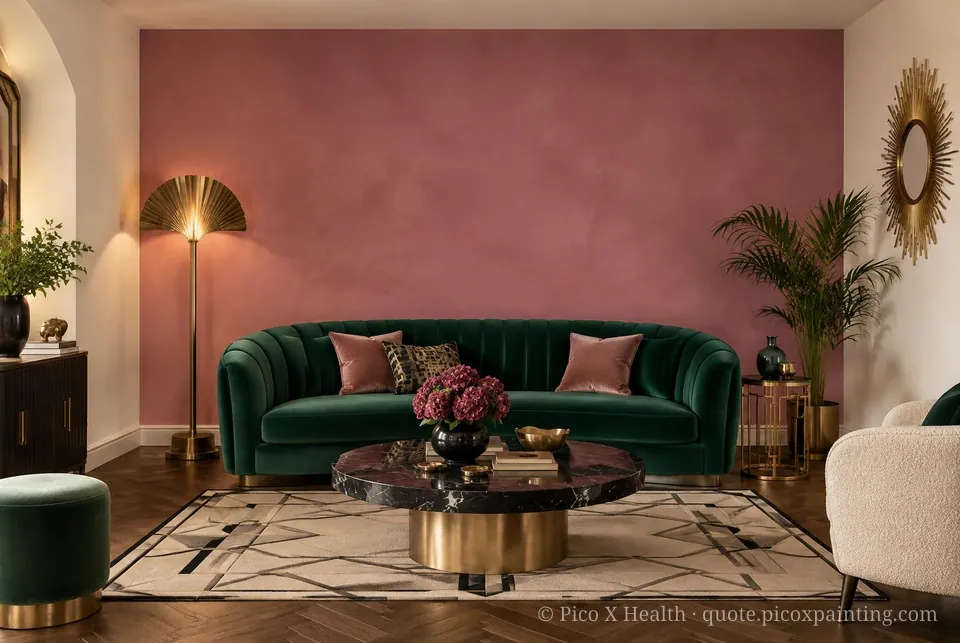 Art Deco Soft / Airy living room — Gush Core/Care Pillowtalk (WH006A) walls with a Raffles Velvet Burg limewash feature wall and Art Deco furnishings