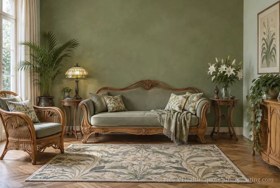 Art Nouveau Rich / Statement living room — Gush Core/Care Ikigai (GR011B) walls with a Raffles Olive Overturn limewash feature wall and Art Nouveau furnishings