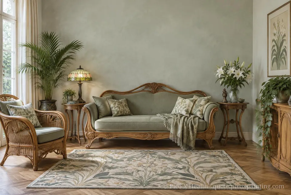 Art Nouveau Soft / Airy living room — Gush Core/Care Chiffonade (BG008A) walls with a Raffles Silver Sage limewash feature wall and Art Nouveau furnishings