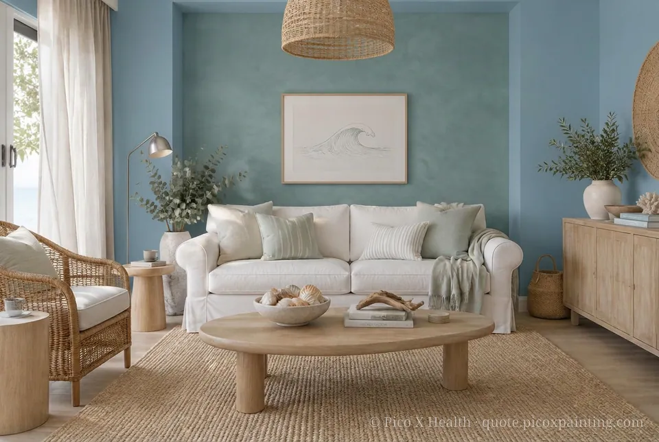Australian Coastal Rich / Statement living room — Gush Core/Care Faye's Theme (BL030B) walls with a Raffles Stormy Ocean limewash feature wall and Australian Coastal furnishings