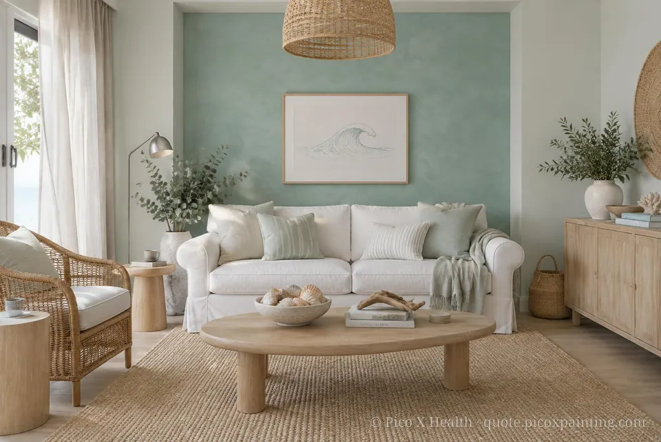 Australian Coastal Soft / Airy living room — Gush Core/Care Still Got Space (BL024A) walls with a Raffles Aqua Fern limewash feature wall and Australian Coastal furnishings
