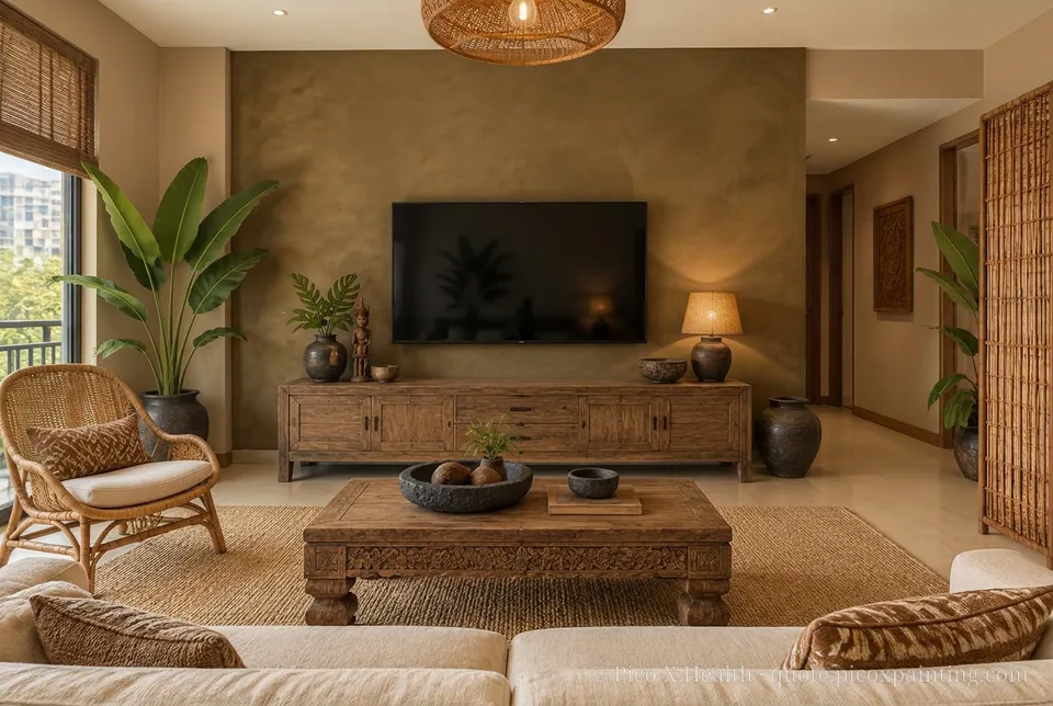 Bali Earth Rich / Statement living room — Gush Core/Care Coffee Beam (NE015B) walls with a Raffles Toffee Delight limewash feature wall and Bali Earth furnishings