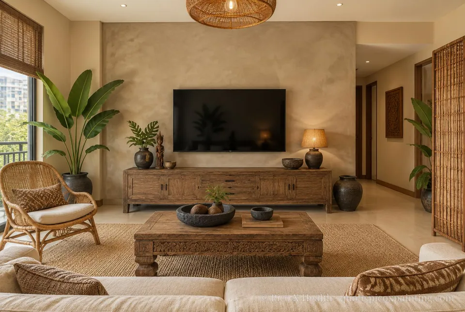 Bali Earth Soft / Airy living room — Gush Core/Care Retriever (NE014B) walls with a Raffles Mocha Silk limewash feature wall and Bali Earth furnishings