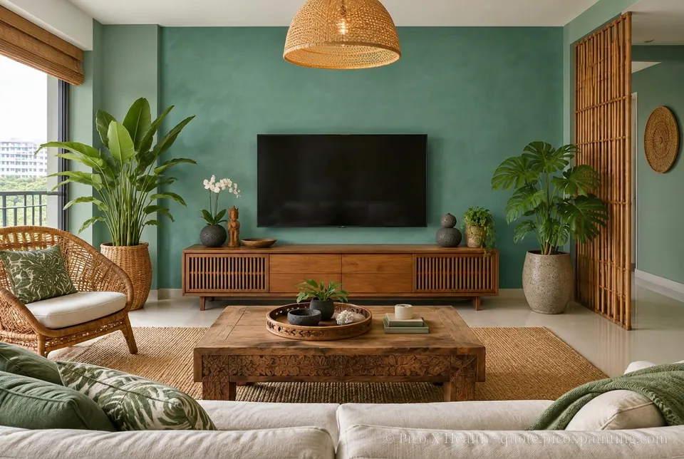 Balinese Resort Rich / Statement living room — Gush Core/Care Safari (GR004B) walls with a Raffles Divine Fern limewash feature wall and Balinese Resort furnishings