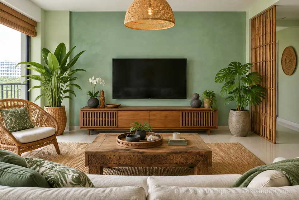 Balinese Resort Soft / Airy living room — Gush Core/Care Foliage (GR009A) walls with a Raffles Minty Opulence limewash feature wall and Balinese Resort furnishings