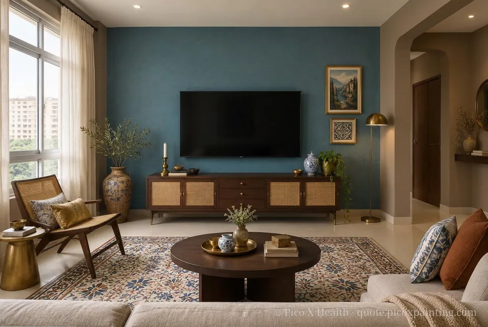 Balkan Modern Rich / Statement living room — Gush Core/Care Coffee Beam (NE015B) walls with a Raffles Indigo Lagoon limewash feature wall and Balkan Modern furnishings