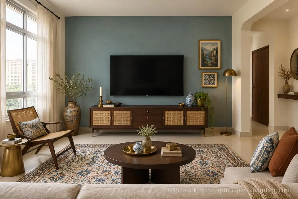 Balkan Modern Soft / Airy living room — Gush Core/Care Siew Dai (WH012A) walls with a Raffles Steel Blue limewash feature wall and Balkan Modern furnishings