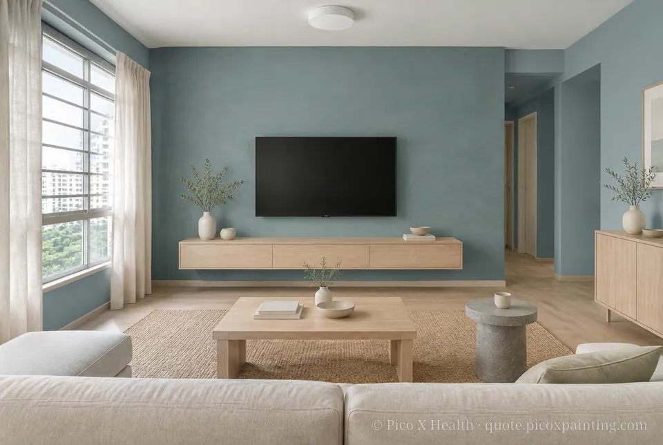 Baltic Minimalism Rich / Statement living room — Gush Core/Care Fahrenheit (BL045B) walls with a Raffles Steel Blue limewash feature wall and Baltic Minimalism furnishings