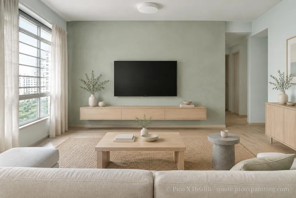 Baltic Minimalism Soft / Airy living room — Gush Core/Care Still Got Space (BL024A) walls with a Raffles Sage Sky limewash feature wall and Baltic Minimalism furnishings