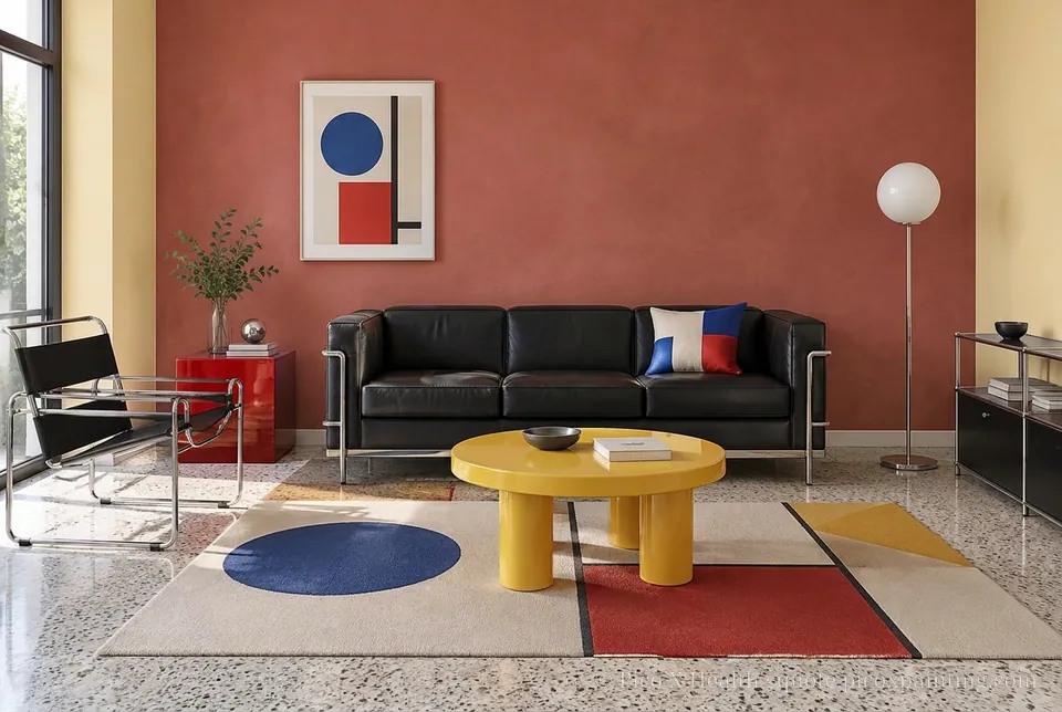 Bauhaus Rich / Statement living room — Gush Core/Care Lemonade (YE004A) walls with a Raffles Terracota limewash feature wall and Bauhaus furnishings