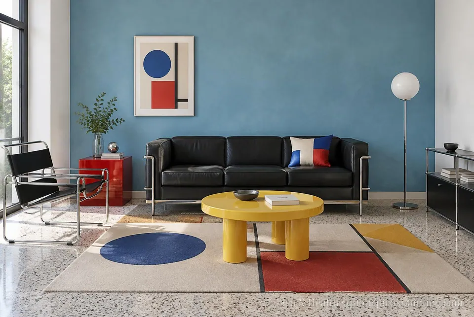 Bauhaus Soft / Airy living room — Gush Core/Care All Good Things (WH000A) walls with a Raffles Azure Sky limewash feature wall and Bauhaus furnishings