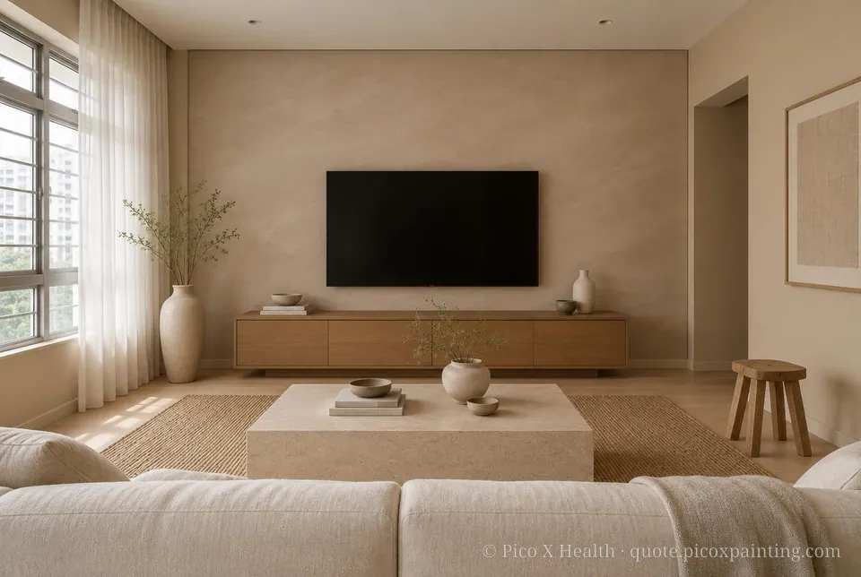 Belgian Minimalism Rich / Statement living room — Gush Core/Care Instinct (NE020B) walls with a Raffles Mocha Silk limewash feature wall and Belgian Minimalism furnishings