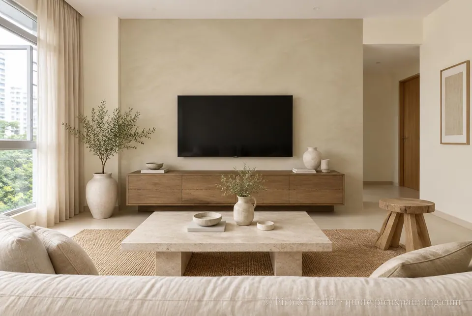 Belgian Minimalism Soft / Airy living room — Gush Core/Care Dairy Alternative (NE057A) walls with a Raffles Soft Linen limewash feature wall and Belgian Minimalism furnishings