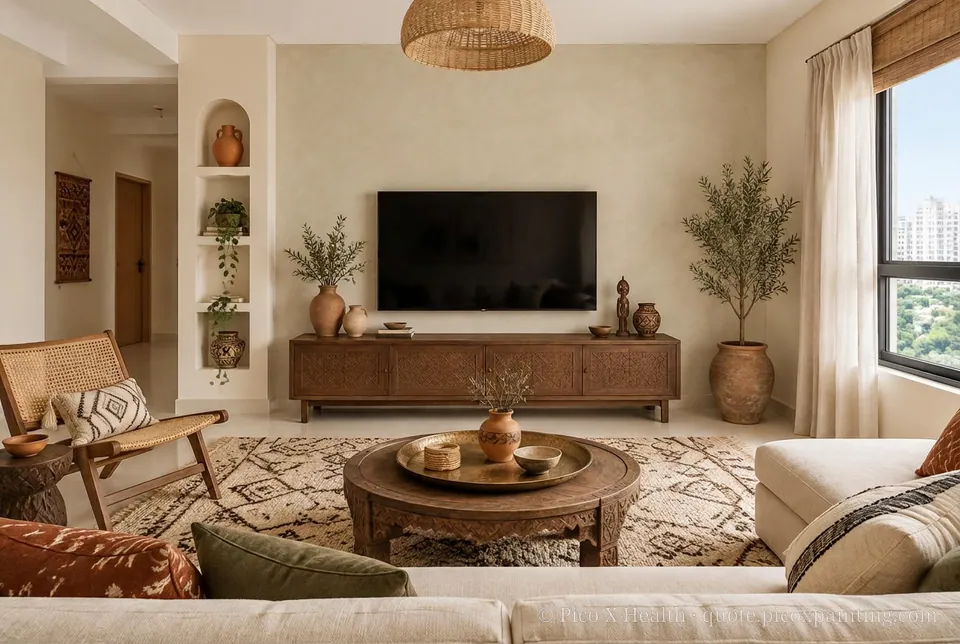 Berber Earth Rich / Statement living room — Gush Core/Care Sandy Mandy (NE005B) walls with a Raffles Mocha Silk limewash feature wall and Berber Earth furnishings