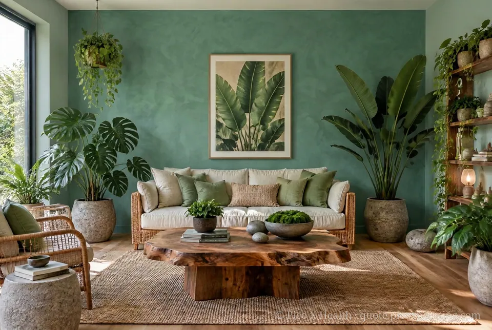 Biophilic Rich / Statement living room — Gush Core/Care Safari (GR004B) walls with a Raffles Divine Fern limewash feature wall and Biophilic furnishings