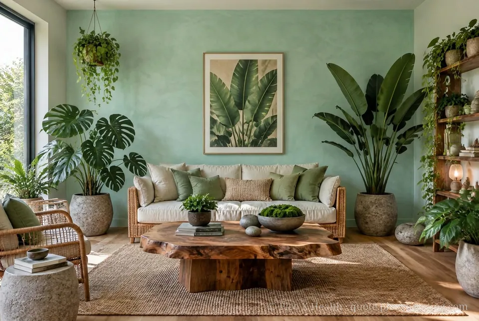 Biophilic wellness painting theme living room with subtle Raffles limewash feature wall
