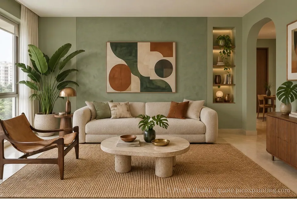 Brazilian Modernism Rich / Statement living room — Gush Core/Care Malfoy (GR020B) walls with a Raffles Olive Overturn limewash feature wall and Brazilian Modernism furnishings