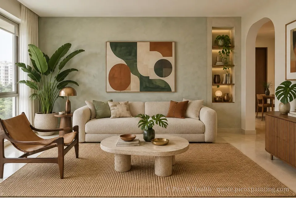 Brazilian Modernism Soft / Airy living room — Gush Core/Care Bean Bag (GR000A) walls with a Raffles Silver Sage limewash feature wall and Brazilian Modernism furnishings