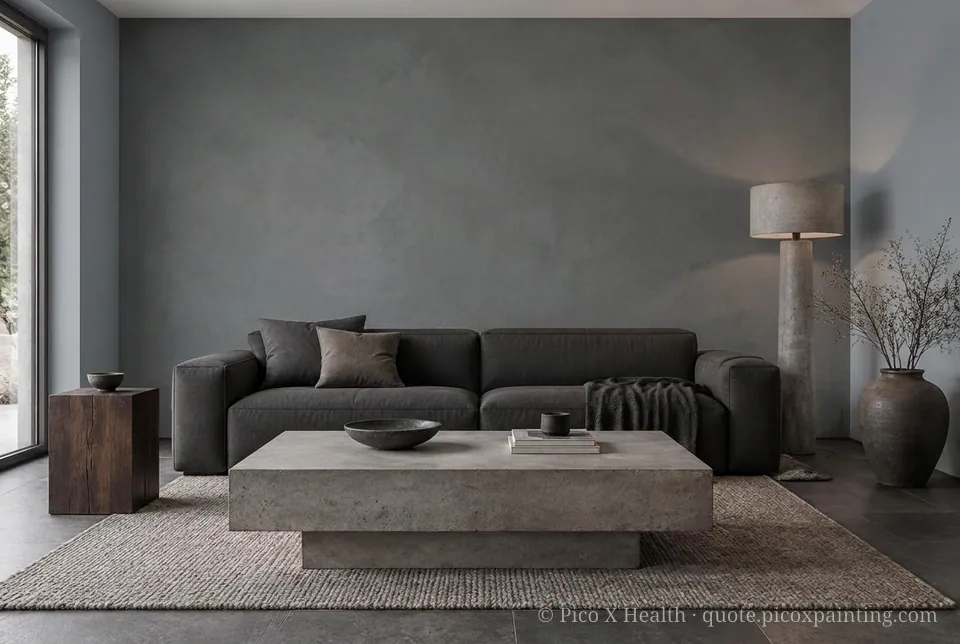 Brutalist Rich / Statement living room — Gush Core/Care Stellar (XR056B) walls with a Raffles Dark Sky limewash feature wall and Brutalist furnishings