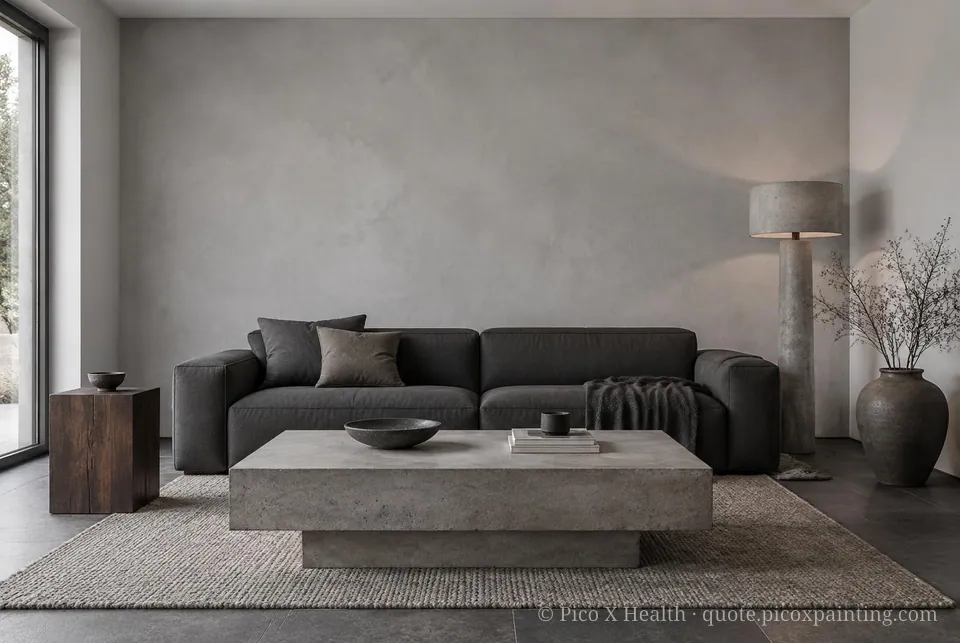 Brutalist Soft / Airy living room — Gush Core/Care Cooldown (XR001A) walls with a Raffles Cement Gray limewash feature wall and Brutalist furnishings