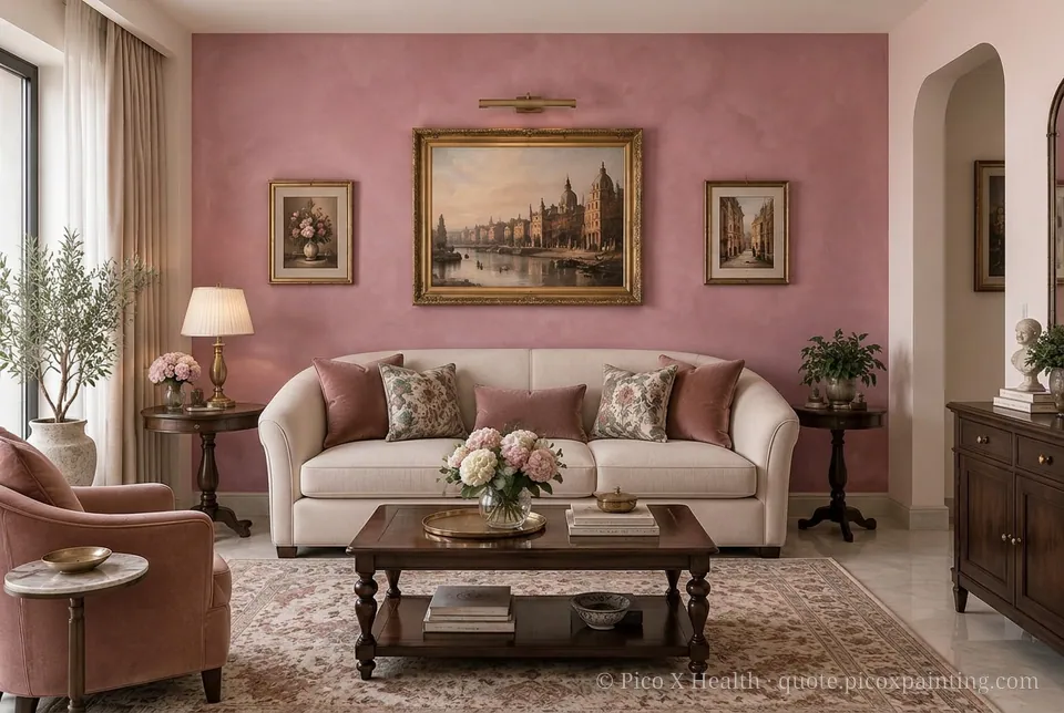 Buenos Aires European Rich / Statement living room — Gush Core/Care Lazydaze (PI001A) walls with a Raffles Velvet Burg limewash feature wall and Buenos Aires European furnishings