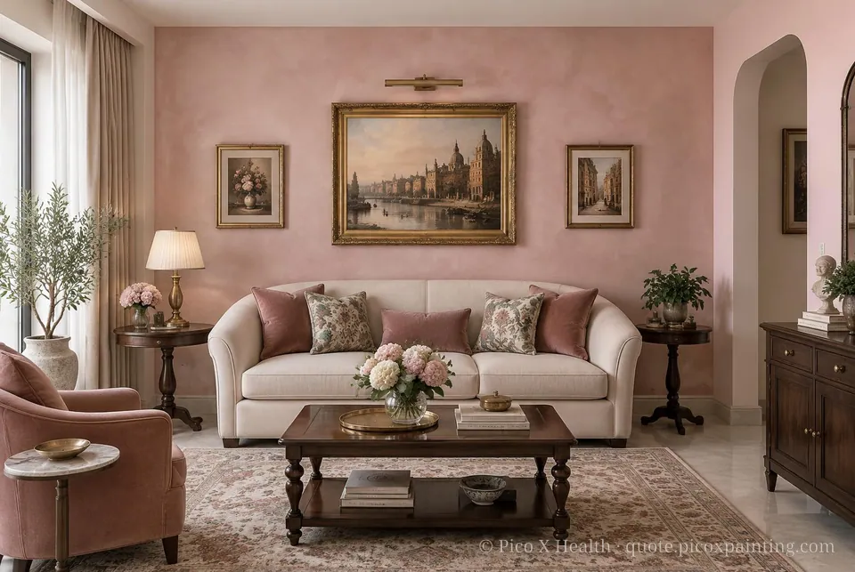 Buenos Aires European Soft / Airy living room — Gush Core/Care Pinky Swear (PI000A) walls with a Raffles Cherry Blossom limewash feature wall and Buenos Aires European furnishings