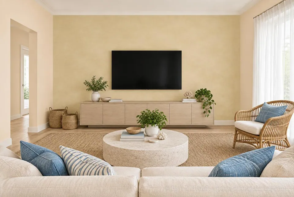 California Casual Rich / Statement living room — Gush Core/Care Private Island (PI011A) walls with a Raffles Sugar Terra limewash feature wall and California Casual furnishings