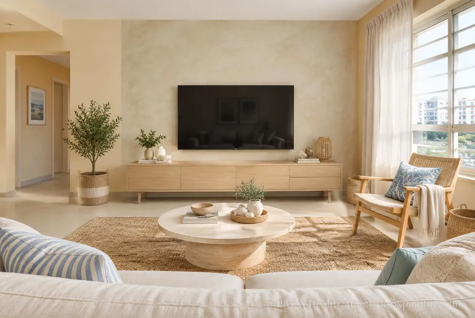 California Casual Soft / Airy living room — Gush Core/Care Deckchair (NE047A) walls with a Raffles Soft Linen limewash feature wall and California Casual furnishings