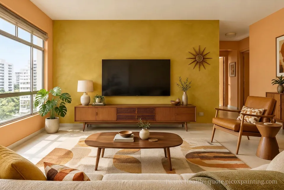 California Mid-Century Rich / Statement living room — Gush Core/Care Mango (OR002B) walls with a Raffles Golden Euphoria limewash feature wall and California Mid-Century furnishings
