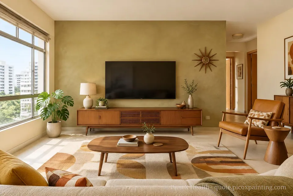 California Mid-Century Soft / Airy living room — Gush Core/Care Maple Butter (YE003A) walls with a Raffles Autumn Times limewash feature wall and California Mid-Century furnishings
