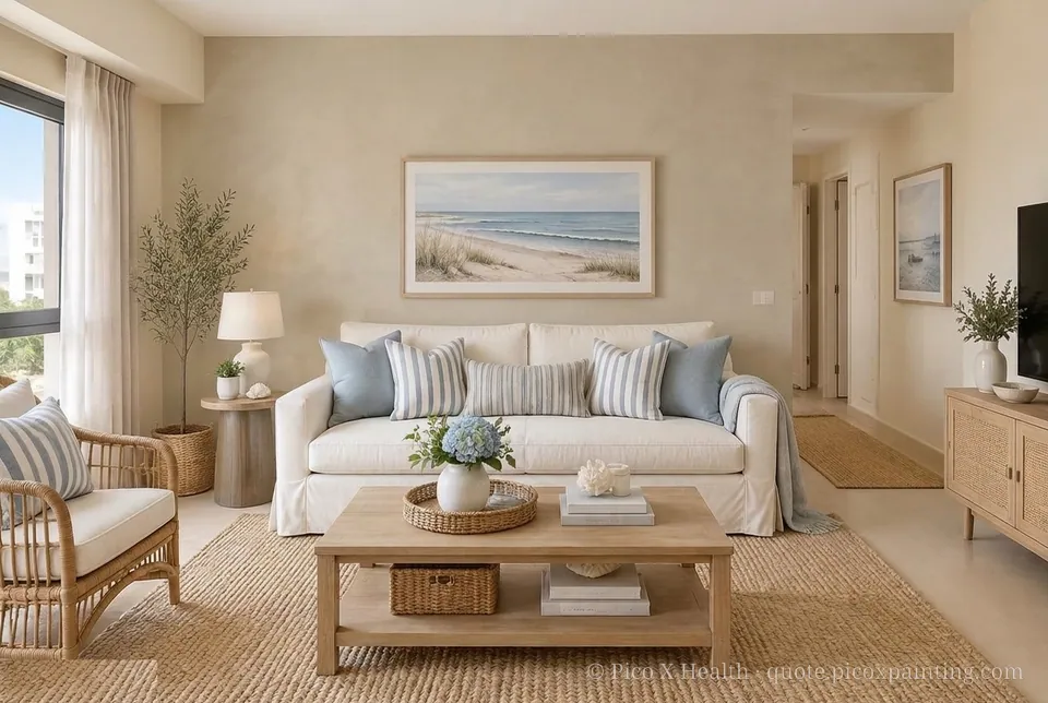 Cape Cod Rich / Statement living room — Gush Core/Care Sandy Mandy (NE005B) walls with a Raffles Mocha Silk limewash feature wall and Cape Cod furnishings