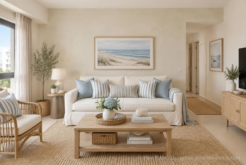 Cape Cod Soft / Airy living room — Gush Core/Care Pillowtalk (WH006A) walls with a Raffles Soft Linen limewash feature wall and Cape Cod furnishings