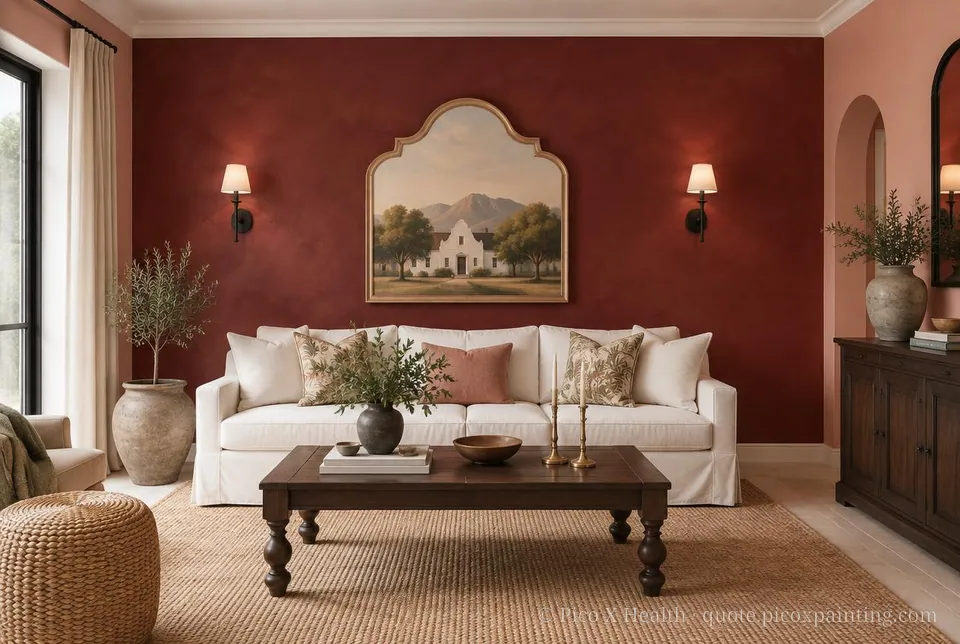 Cape Dutch Rich / Statement living room — Gush Core/Care Date Night (RE000B) walls with a Raffles Burgundy Bazaar limewash feature wall and Cape Dutch furnishings