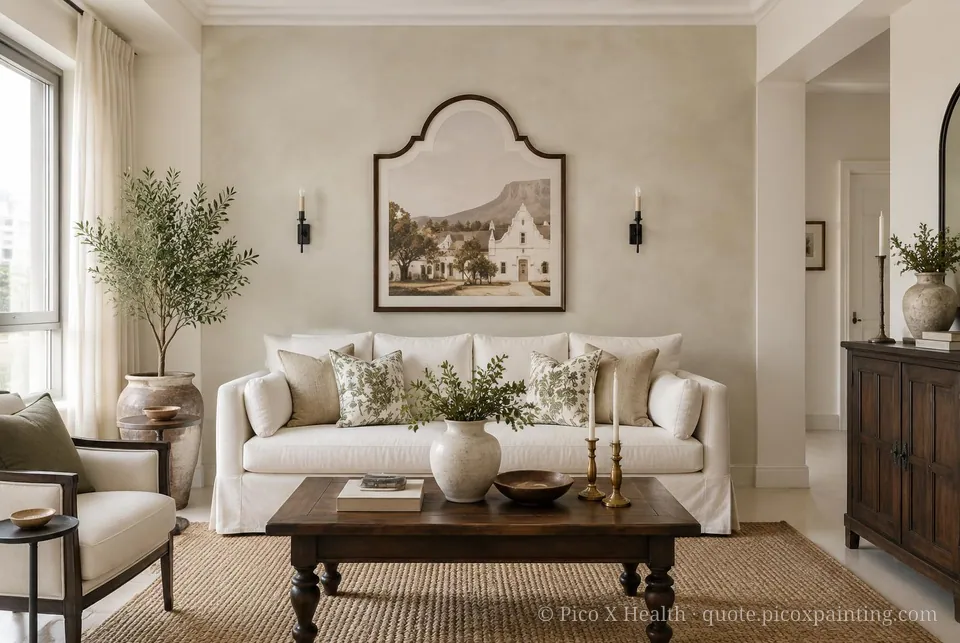Cape Dutch Soft / Airy living room — Gush Core/Care Siew Dai (WH012A) walls with a Raffles Champange Cream limewash feature wall and Cape Dutch furnishings