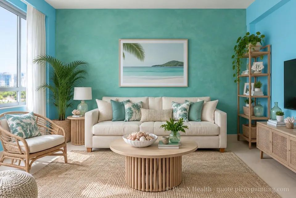 Caribbean Resort Rich / Statement living room — Gush Core/Care Lazuli (BL020B) walls with a Raffles Jade Oasis limewash feature wall and Caribbean Resort furnishings
