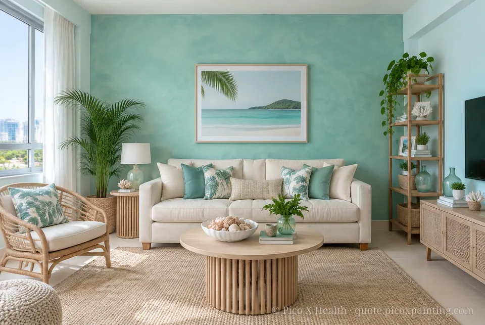Caribbean Resort Soft / Airy living room — Gush Core/Care Lazy River (BG000A) walls with a Raffles Aqua Fern limewash feature wall and Caribbean Resort furnishings