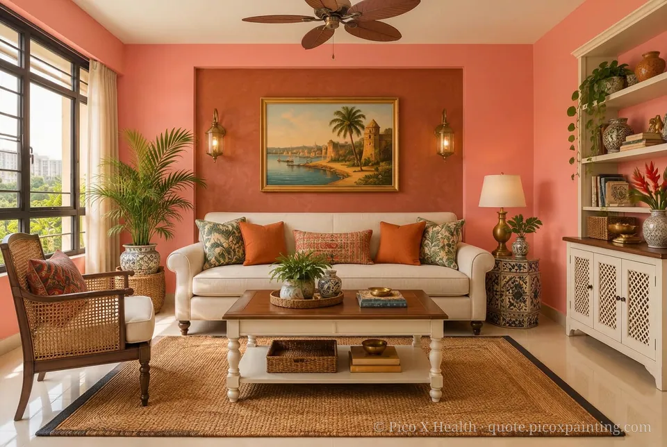 Cartagena Colonial Rich / Statement living room — Gush Core/Care Octane (PI021B) walls with a Raffles Terracota limewash feature wall and Cartagena Colonial furnishings